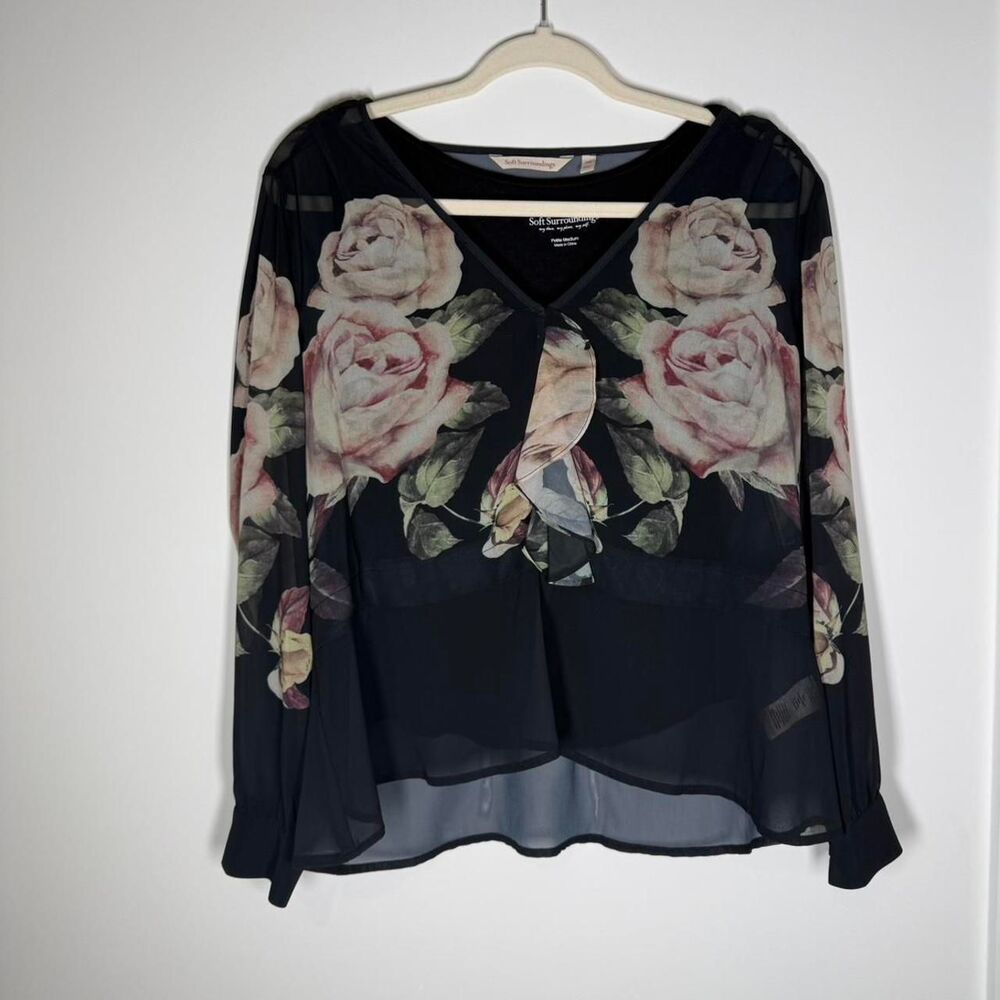 Soft Surroundings black floral blouse with sheer sleeves and V-neckline Size PM